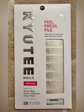 KYUTEE Nails Peel Press File Ultimate Glitter White Press-On 28 Strips NWT